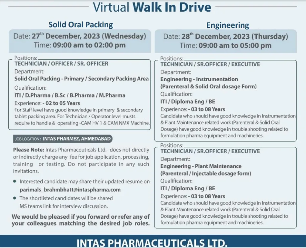 INTAS -Virtual Walk-In Drive for B.Sc, B.Pharm, M.Pharm, D.Pharm, B.E, ITI, Diploma Candidates on 27th & 28th Dec 2023